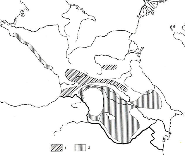 Карта 70. Грузинская ящерица (1), средняя ящерица (2)