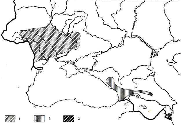 Карта 76. Зелёная ящерица (1), артвинская ящерица (2), зеленобрюхая ящерица (3)