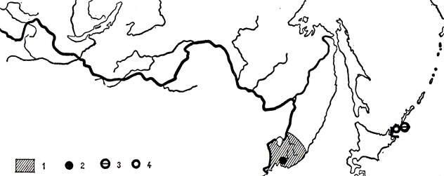 Карта 86. Тигровый уж (1), краснопоясный динодон (2), восточный динодон (3), островной полоз (4)