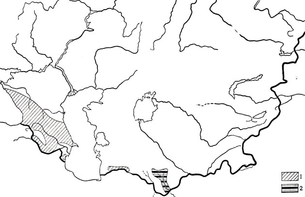 Карта 90. Оливковый полоз (1), большеглазый полоз (2)