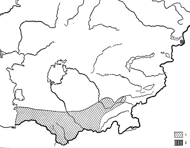 Карта 91. Краснополосый полоз (1), полосатый полоз (2)