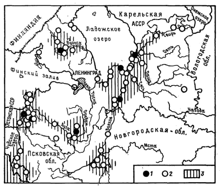 Районы присутствия выпи (Botaurus stellaris) в гнездовой период по данным 1960—1980 гг